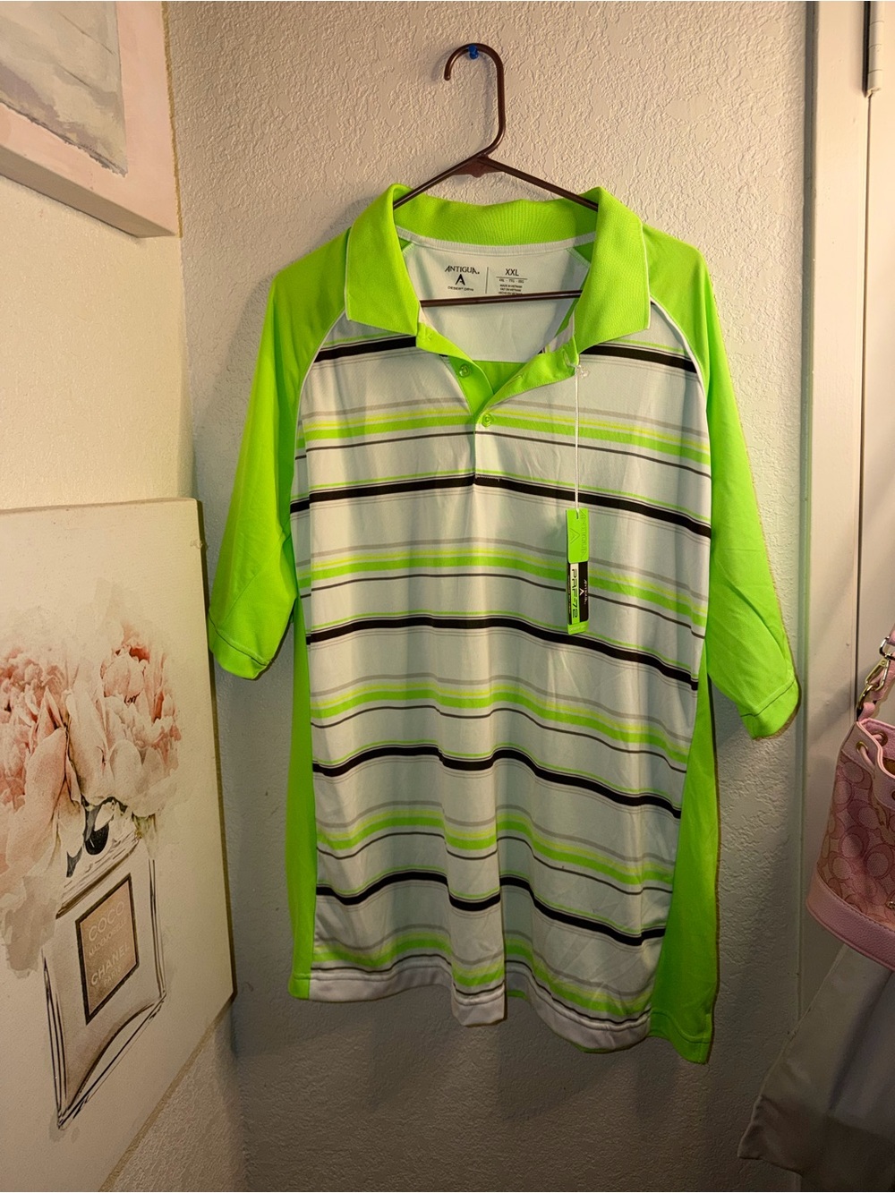 Antigua Lime Green and White Striped Polo